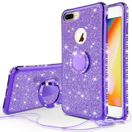 Apple Iphone 8 Plus Case,Iphone 7 Plus Case,Glitter Cute Phone Case Girls Kickstand,Bling Diamond Rhinestone Bumper Ring Stand Sparkly iPhone 7/8 Plus - Purple