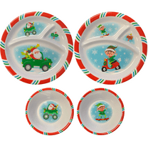 Christmas Melamine for Kids 3 Section Divided Dish Plates Bowls Christmas Plates, Dinnerware Set, Picky Eater Plates Santa Elf Truck Scooter (4 Pc Set)
