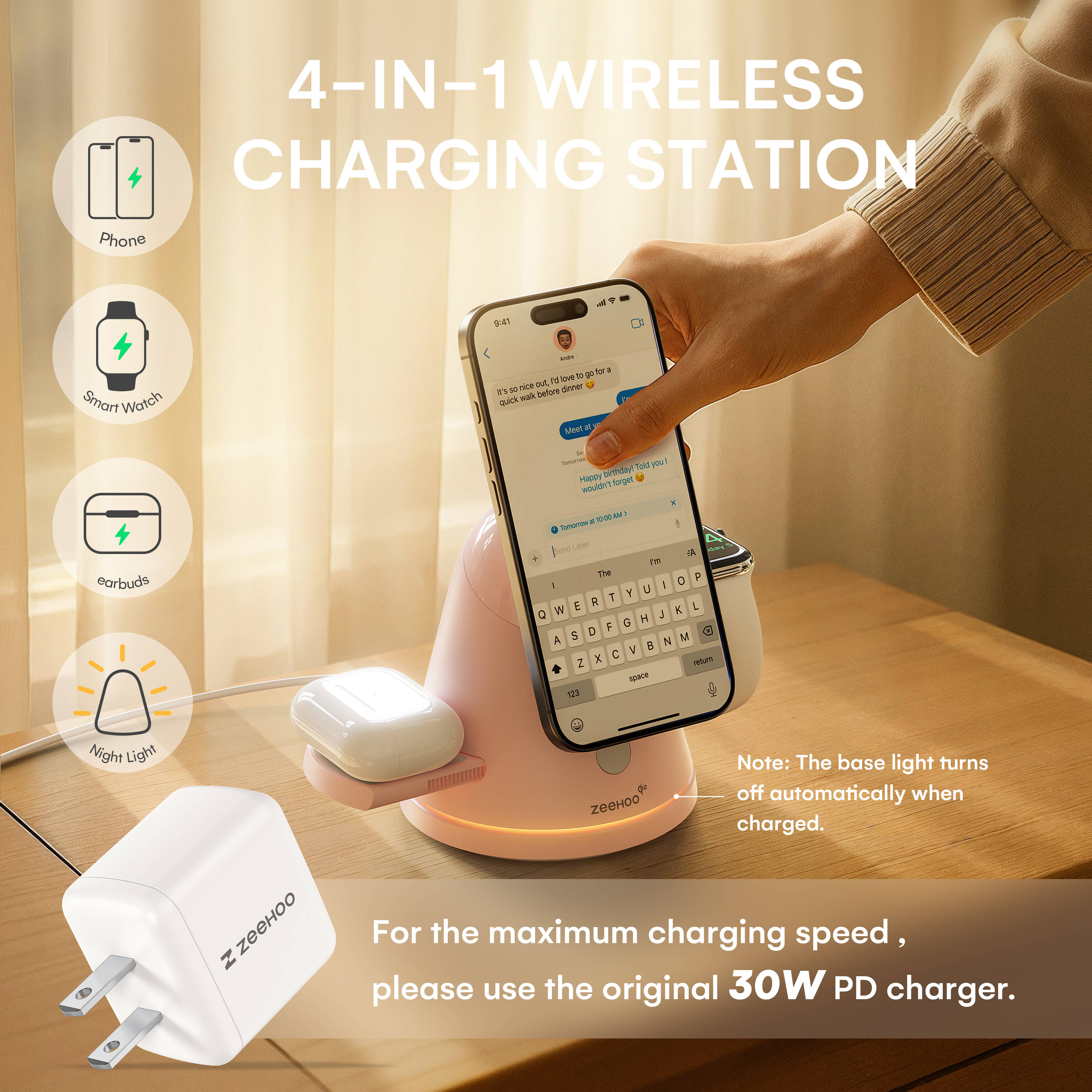 ZEEHOO 4-In-1 Wireless Charging Station Qi2 15W - Mag-Safe Charger with 360° Rotating Base & Adjustable Brightness Night Light, with 30W Adapter
