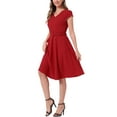 thumbnail image 4 of Vestidos de cóctel INSPIRE CHIC para mujer, con cinturón, escote en V, mangas cortas, vestido fluido en línea A, M rojo, 4 of 6