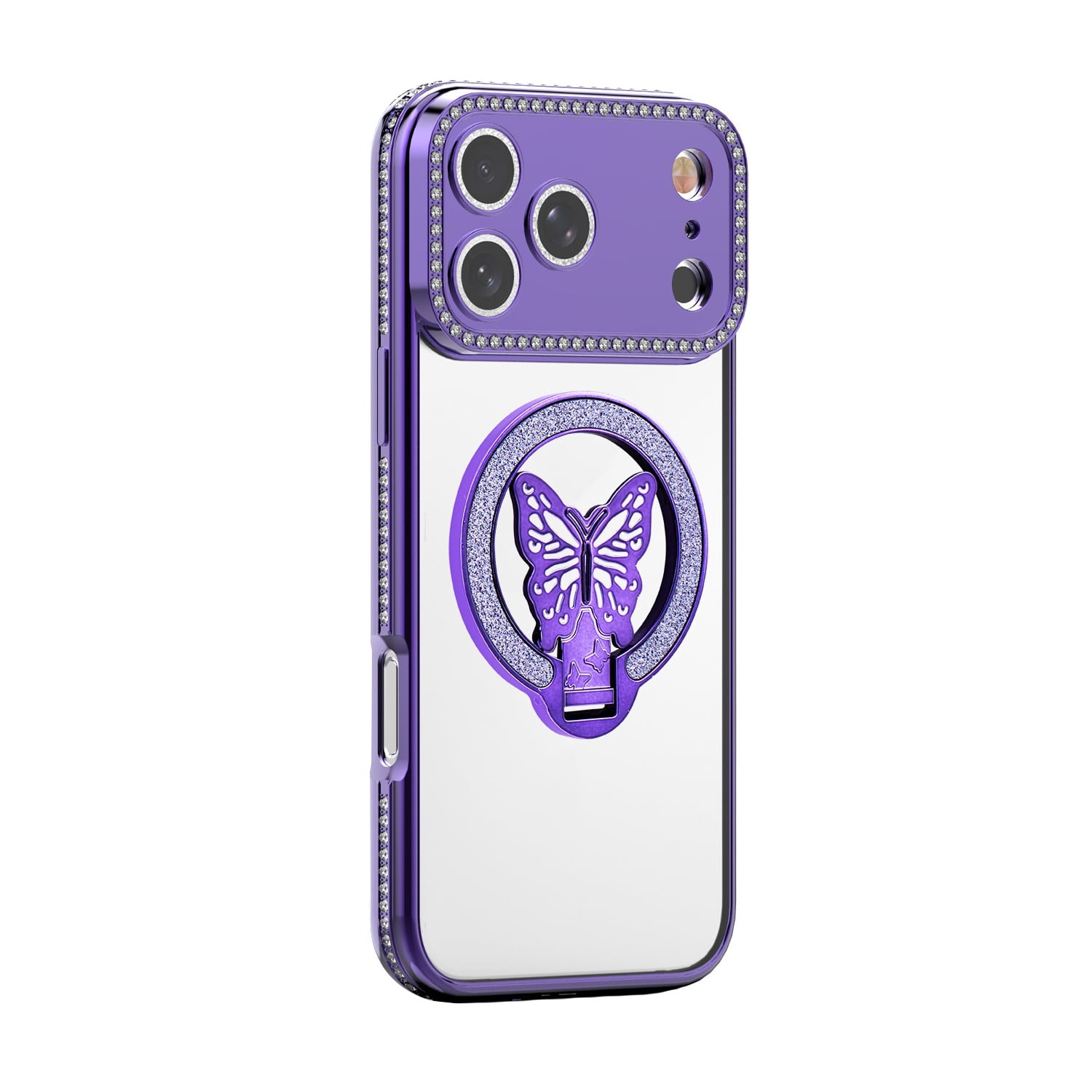 Elegant Glitter Butterfly Stand Case for iPhone 17 Pro Max - Purple