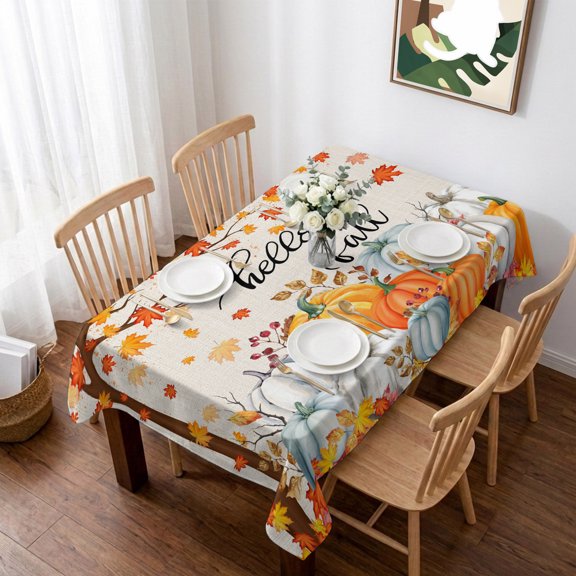 Thanksgiving Table Cloth Waterproof Tablecloths, Orange White Pumpkin Maple Leaf Branches Tablecloth Dining Table Cover for Kitchen Party Tabletop Outdoor, Rectangle Tablecloth 60x102 Inch