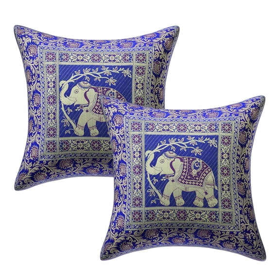 Stylo Culture Indian Couch Throw Pillow Covers 16 x 16 Jacquard Ink Blue Square 40cm x 40cm Home Decor Brocade Elephant Floral Zippered Cushion Covers | Set Of 2