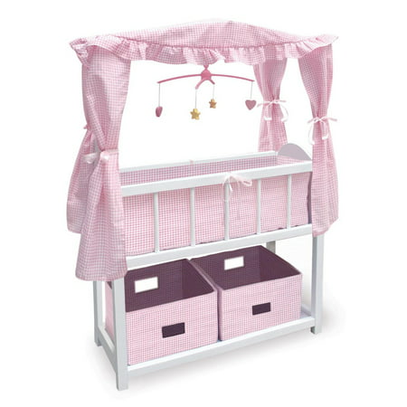 Badger Basket Canopy Doll Crib with Baskets, Bedding, and Mobile - White/Pink (Doll and doll clothes/accessories not included)