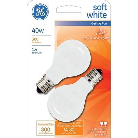 

GE Lighting 74038 Intermediate Base A15 Ceiling Fan Bulb 40W Soft White 2-Pk