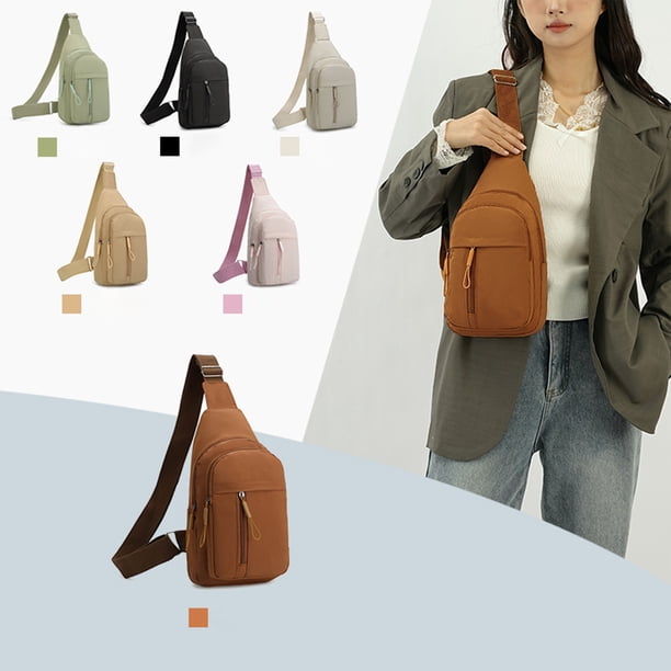 Mochila bandolera con bandolera de pecho, para hombres: mujer - Bolsa de hombro de nylon de licra de moda, pequeña y ligera, 11,8"x6,7"x3,9", bolsillos múltiples, caqui verde rosa, deportes de viaje