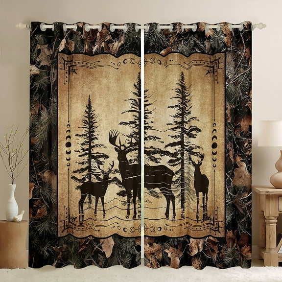 Camo Deer 42"Wx63"L 30%-50% Blackout Curtains Teen Room,Tree Camouflage Hunting Window Curtains Woodland Animal Curtains & Drapes Retro Pine Tree Wildlife Curtains 2 Panels