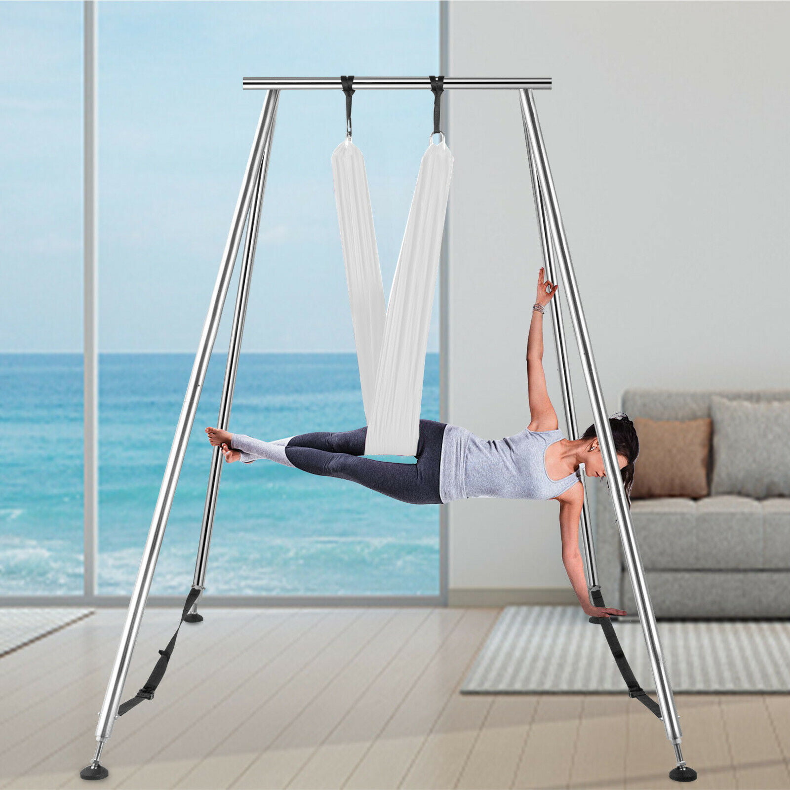 Aerial Stand Trapeze Frame Yoga Swing Bar Hammock Bracket w/Aerial Silk Fabric