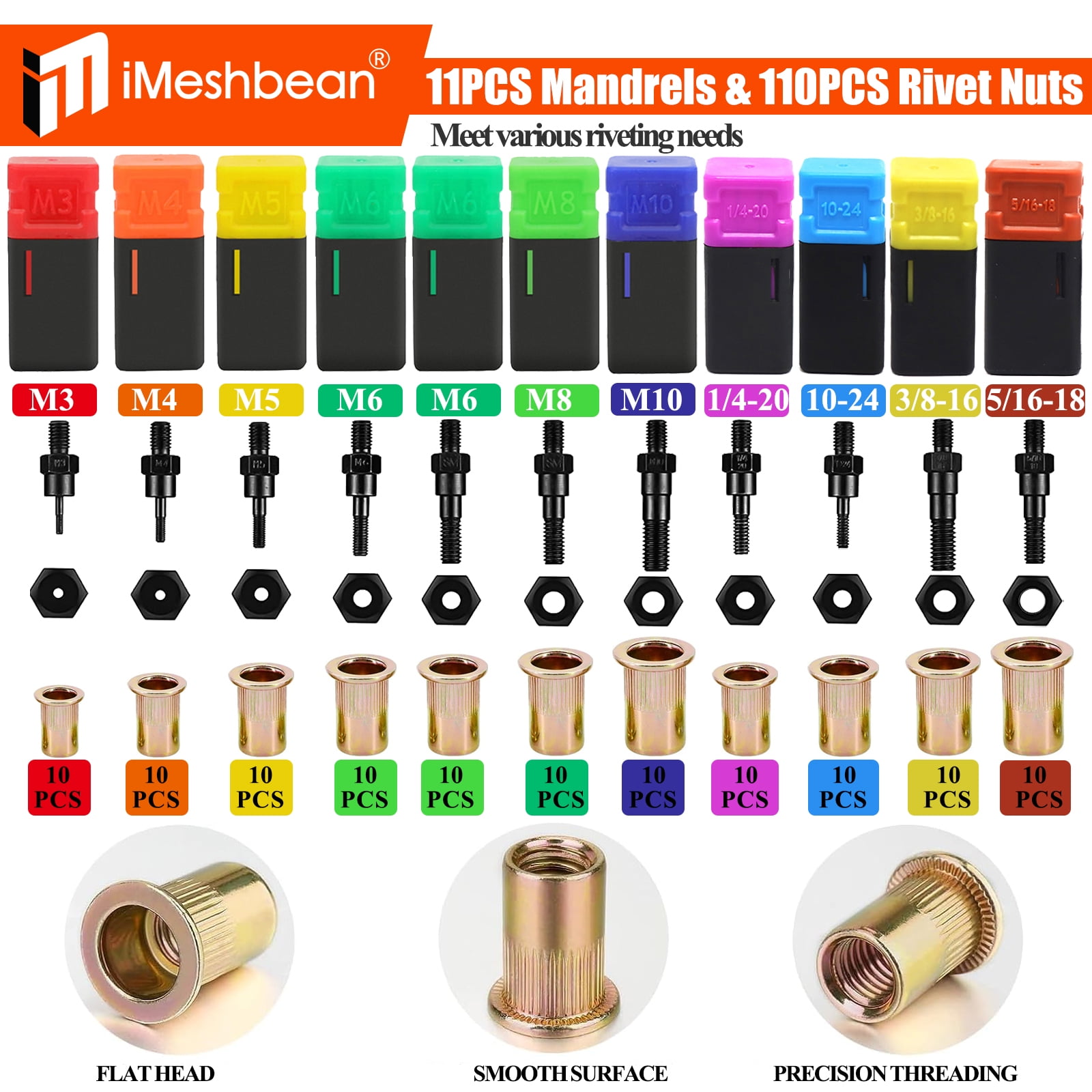 iMeshbean Rivet Nut Tool, 16" Rivnut Tool Kit with 11 PCS Mandrels (Metric M3, M4, M5, 2XM6, M8, M10; SAE 10-24, 1/4-20, 3/8-16, 5/16-18) & 110PCS Rivet Nuts, Hand Riveters Nutsert Tool Kit