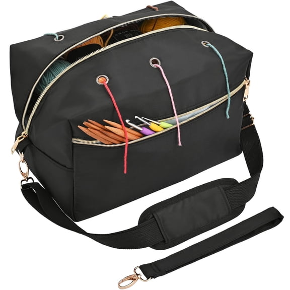 Crochet Bag Organizer, Yarn Storage Tote with Compartments & Grommets, Portable Knitting Bag for Yarn, Crochet Hooks & Accessories, Water-Resistant Craft Storage (Black)