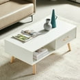 thumbnail image 3 of GZXS 41 Inch Rectangle Coffee Table with Storage Drawer & Open Shelf, Solid Wood Legs, Stylish Living Room Furniture, White, 3 of 9