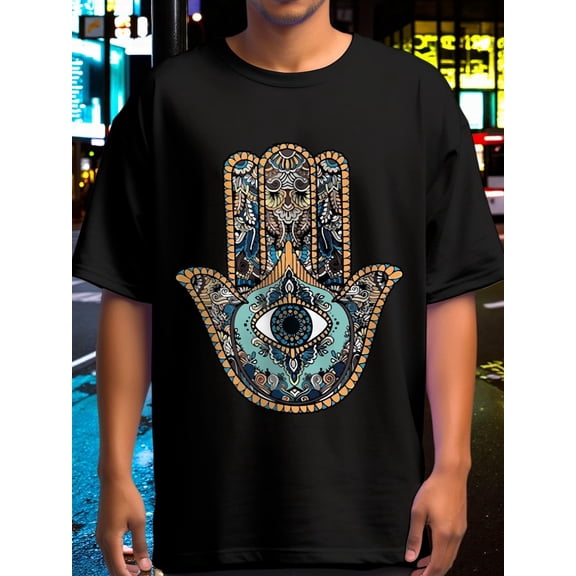 Oversize Loose Fit Hamsa Hand Eye Graphic Tee, 180g Pure Cotton Back to School Outfit, Bohemian Evil Eye Print T-Shirt, Unisex Casual Apparel - Sizes S-XXXL Available