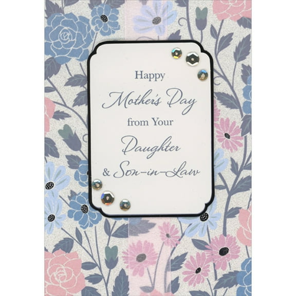 Designer Greetings Blue and Pink Sparkling Flowers, 3D Die Cut Black Border Banner, Sequins and Ribbon Hand Decorated Mom Mother's Day Card from Daughter and Son-in-Law