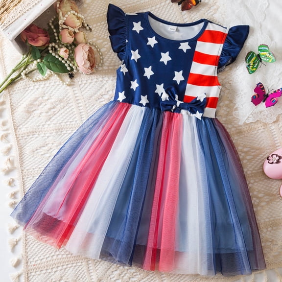 KDFJPTH Dresses For Girls Fancy Fly Sleeve Bowknot Flag Prints Toddler Sun Dress