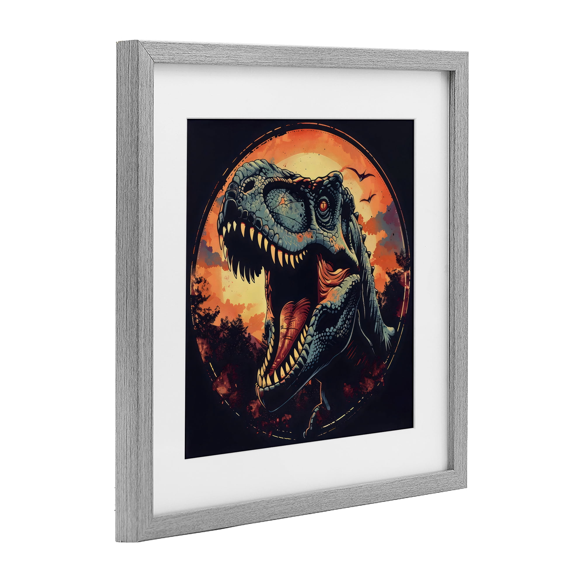 Stupell Industries Ancient Dino Roaring at Sunset Gray Framed Print Under Glass, design by Creative Studio