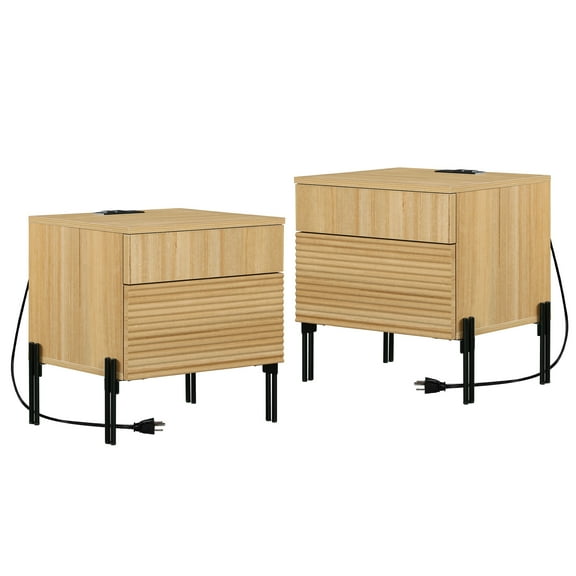 Modern Minimalist Nightstand Set Of 2, Reeded Wood End Table Set Of 2 With Built-In Charging Station For Bedroom, Living Room,Entryway