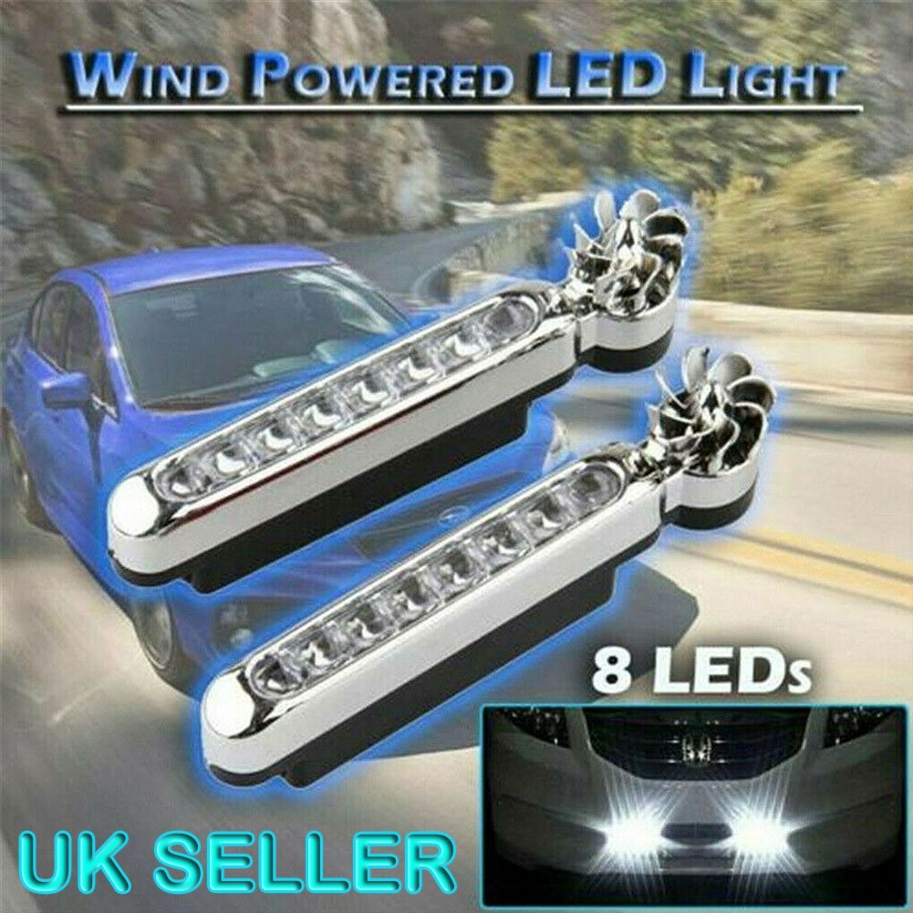 2x Wind Powered 8 LED Car DRL Daytime Running Light Fog Head Lamp Bulb White 12V