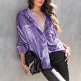 thumbnail image 5 of Women's Short Sleeve V Neck Buttons Velour Casual Shirts Solid Trendy Blouses Purple,S, 5 of 6