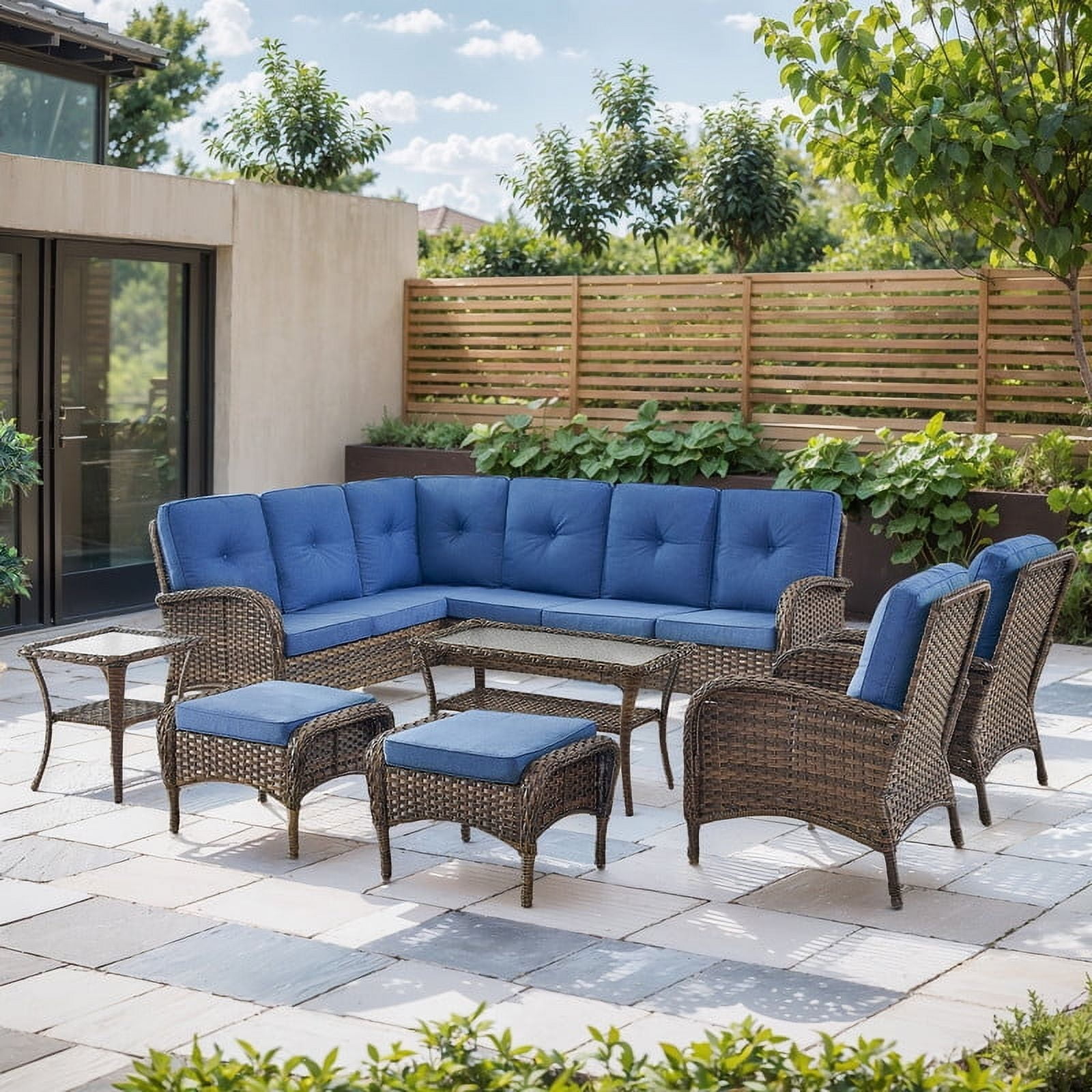 PARKWELL 8-Piece Outdoor Sectional Furniture Set,Patio Wicker L Shaped Couch High Back Conversation Set with Coffee Table Armchair for Garden Yard,Brown Wicker Navy Cushion