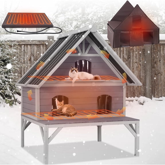 Aivituvin Heated Cat House for Outside, 2-Tier Insulated Cat House with Heating Pad, Oversized Weatherproof Feral Cat Shelter for 2-4 Cats