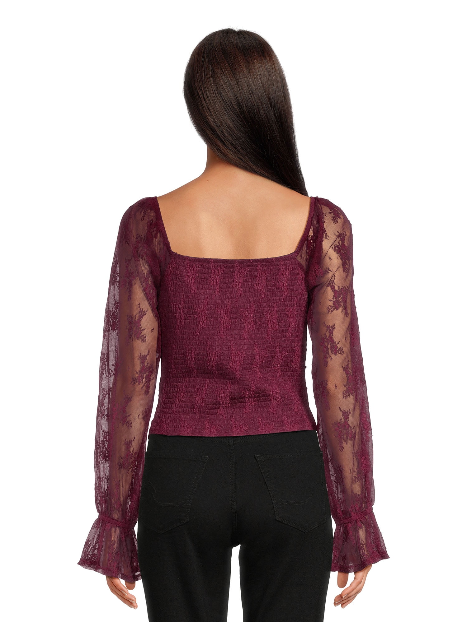 Self Esteem Juniors Shirred Bodice Crop Top with Blouson Sleeves