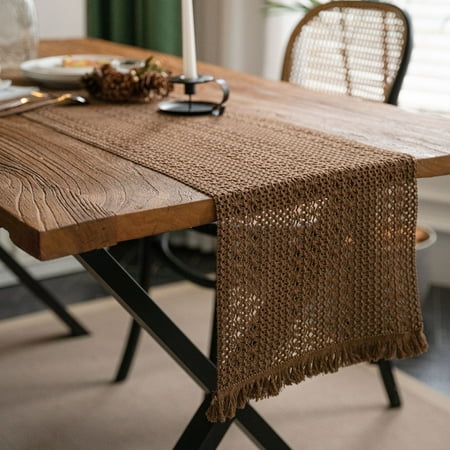 

Nvzi -b table flag cotton linen splicing solid color woven tassel natural material table flag desktop decoration (brown 140 * 30cm)