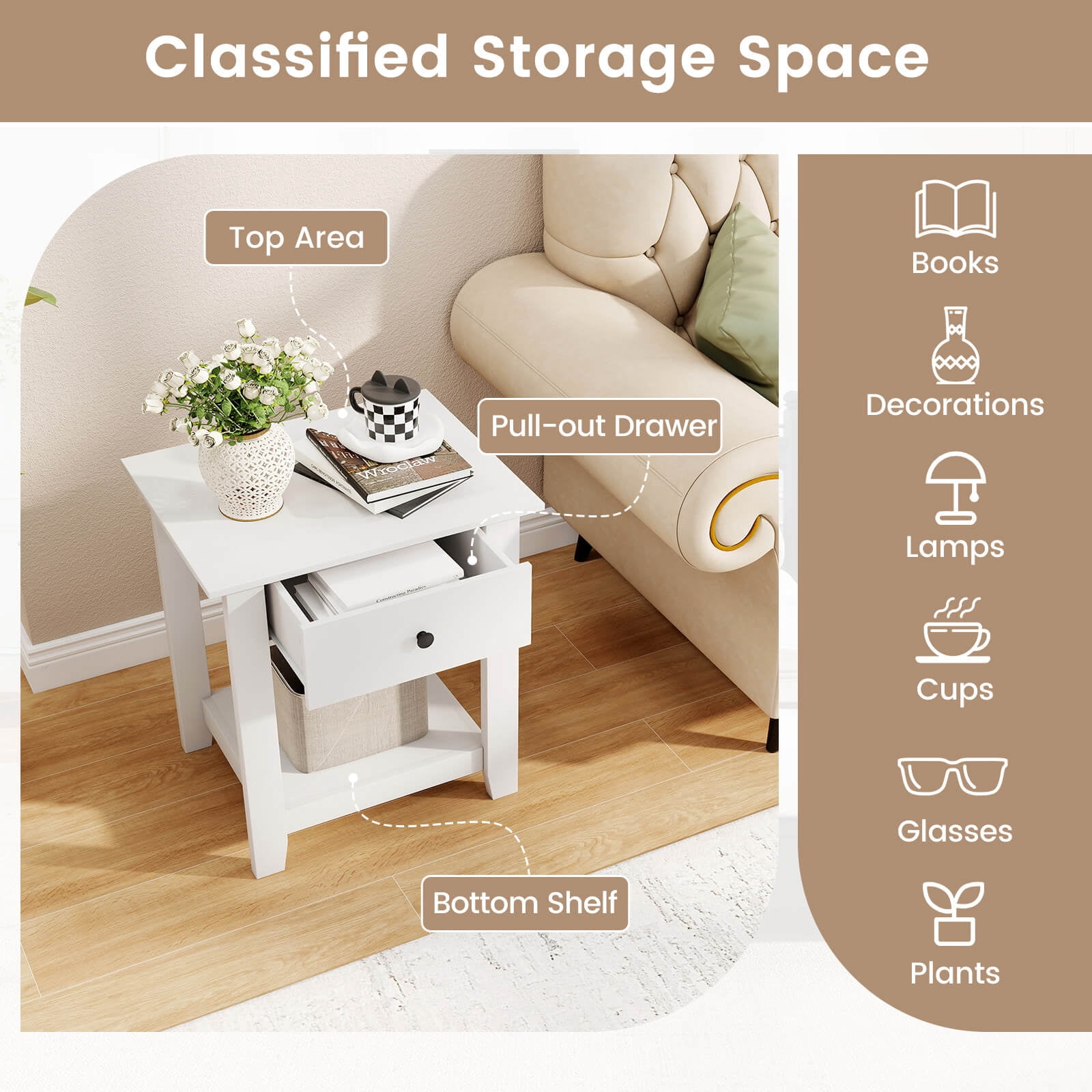 Costway 2 PCS Nightstand with Drawer 3-Tier Modern Bedside Table with Open Shelf Storage White