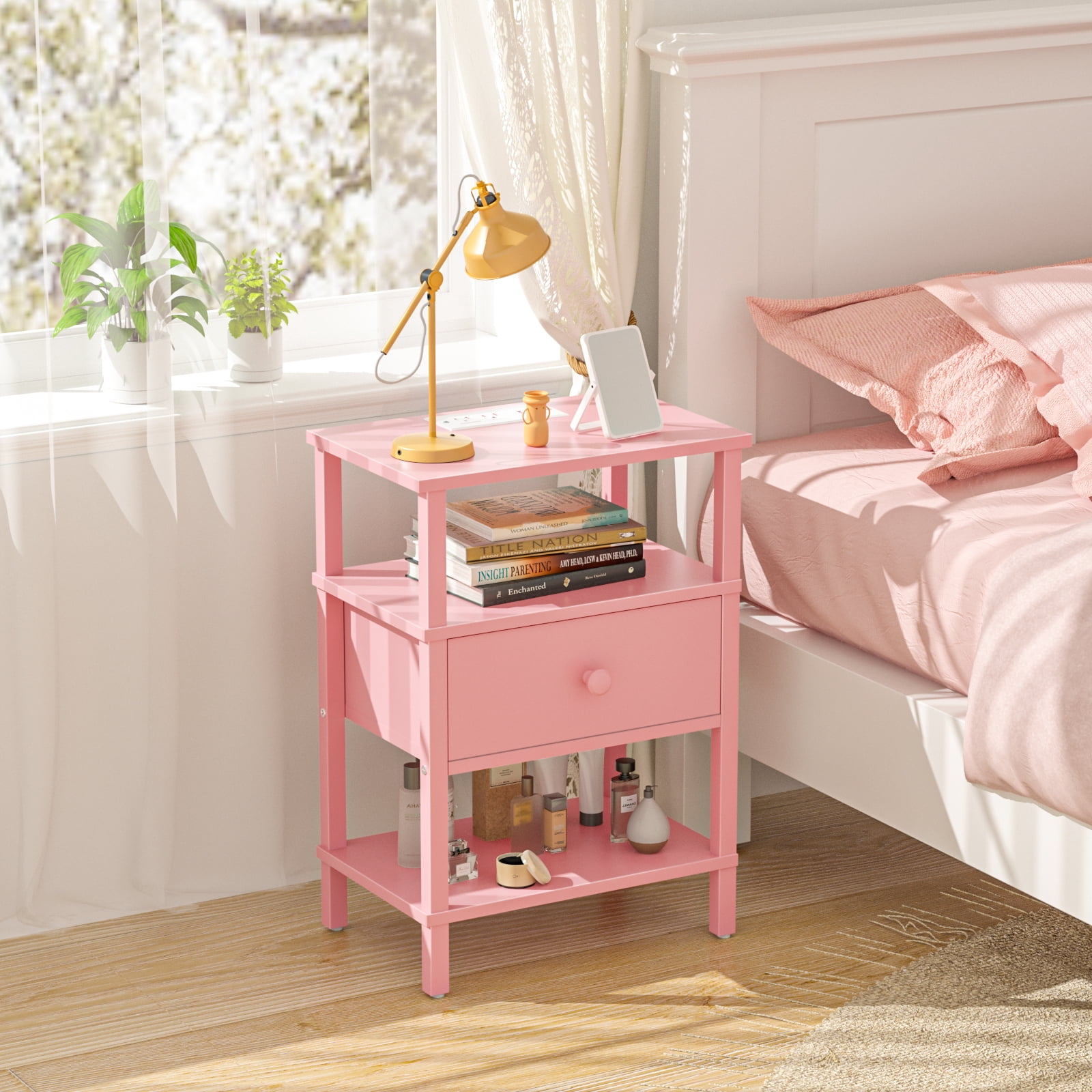LEYAOYAO 3-Tier Narrow End Table with Charging Station, Wood Side Table for Living Room, Pink
