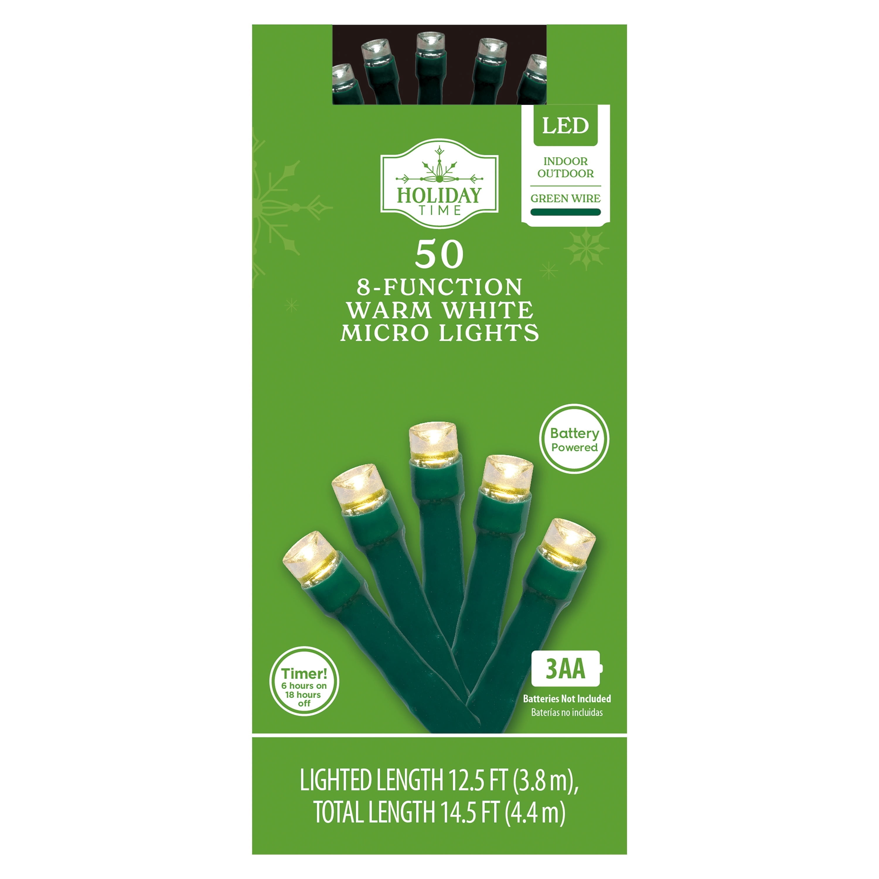 Indoor/Outdoor 50-Count Battery-Operated LED 8-Function Micro Christmas String Lights, Warm White, Green Wire, 12.5', by Holiday Time