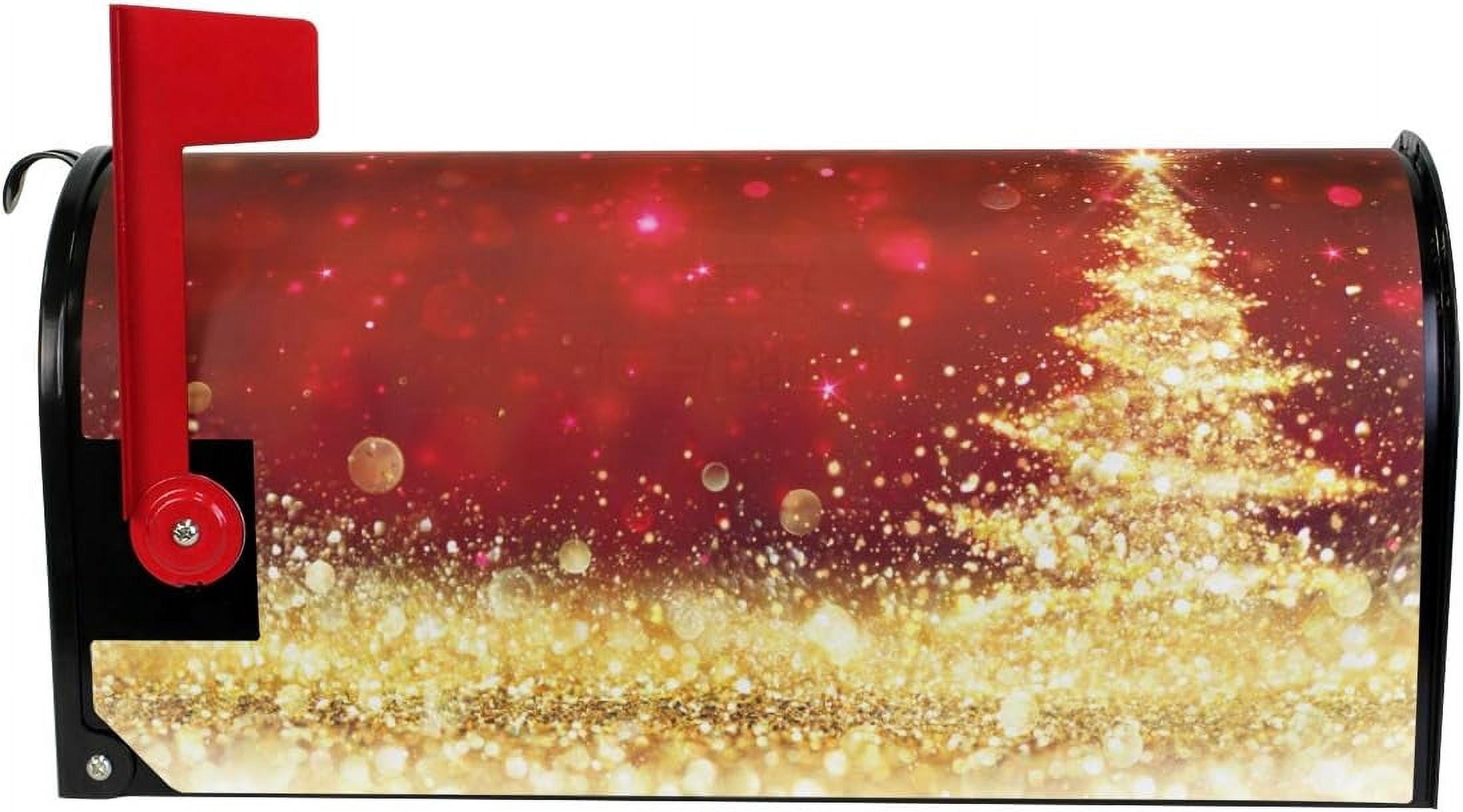 Golden Glitter Christmas Tree Red Magnetic Mailbox Cover Standard Size for Garden Yard Outdoor Decorations-18 x 20.8"