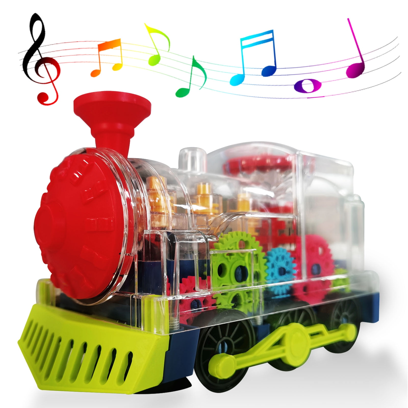 Gear Toy Train,Early Educational Transparent Light Up Baby Music Train Toy,Children Electric Universal Rotating Mechanical Gear Train Cartoon Flashing Light Sound Music Train Toy for Boy Kids Child. 