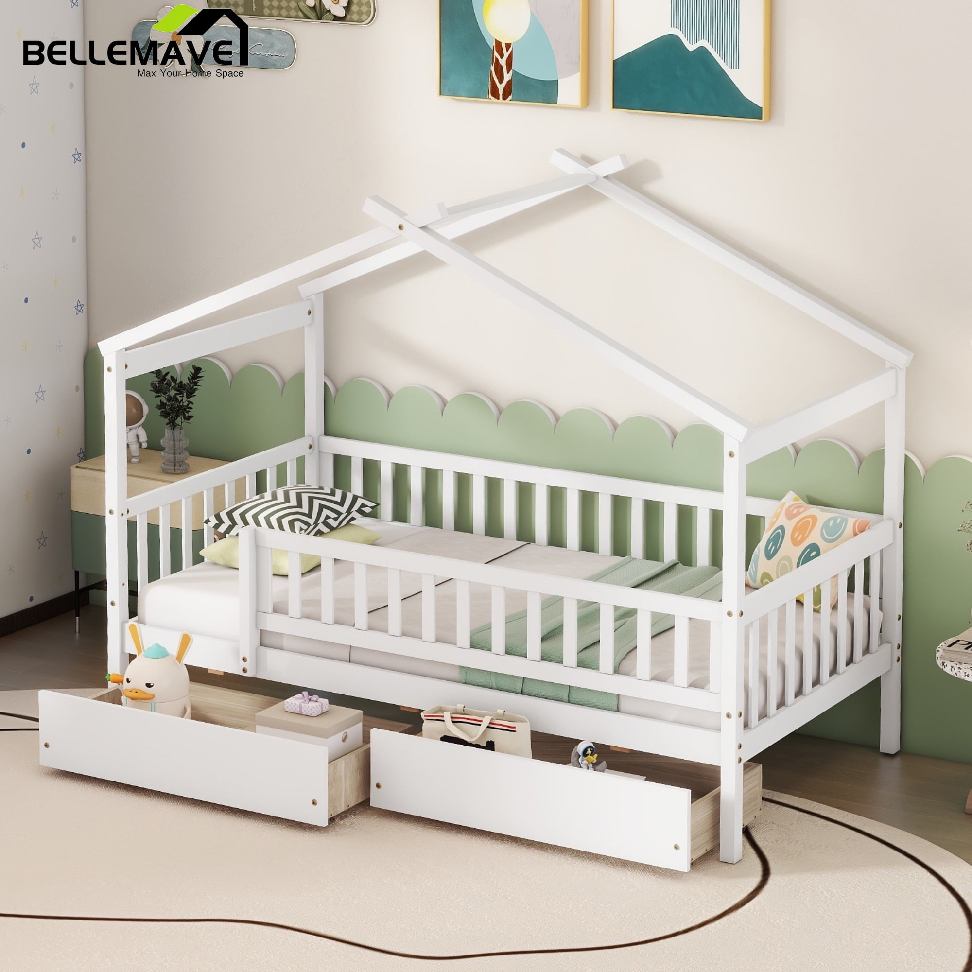 Bellemave Twin Size House Bed with Storage Drawers Playhouse Platform Bed Wooden House-shaped Bed Frame with Fence Guardrail (Twin size, White)