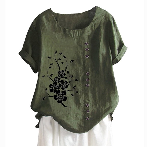 QQAMB Womens Tops Plus Size Crewneck Floral Printed Linen Shirts Loose Comfy Summer T-Shirts Army Green 3XL