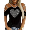 thumbnail image 2 of Camiseta con hombros descubiertos y diamantes de imitación, camiseta suelta informal con cuello en V para primavera y verano, ropa de mujer, 2 of 4