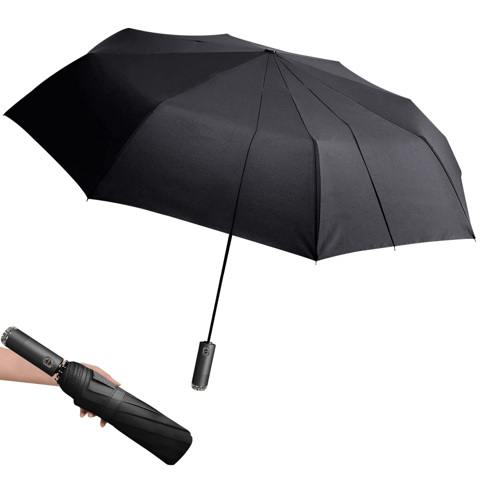Folding and Portable Sun & Rain Umbrella (Black), Automatic LED