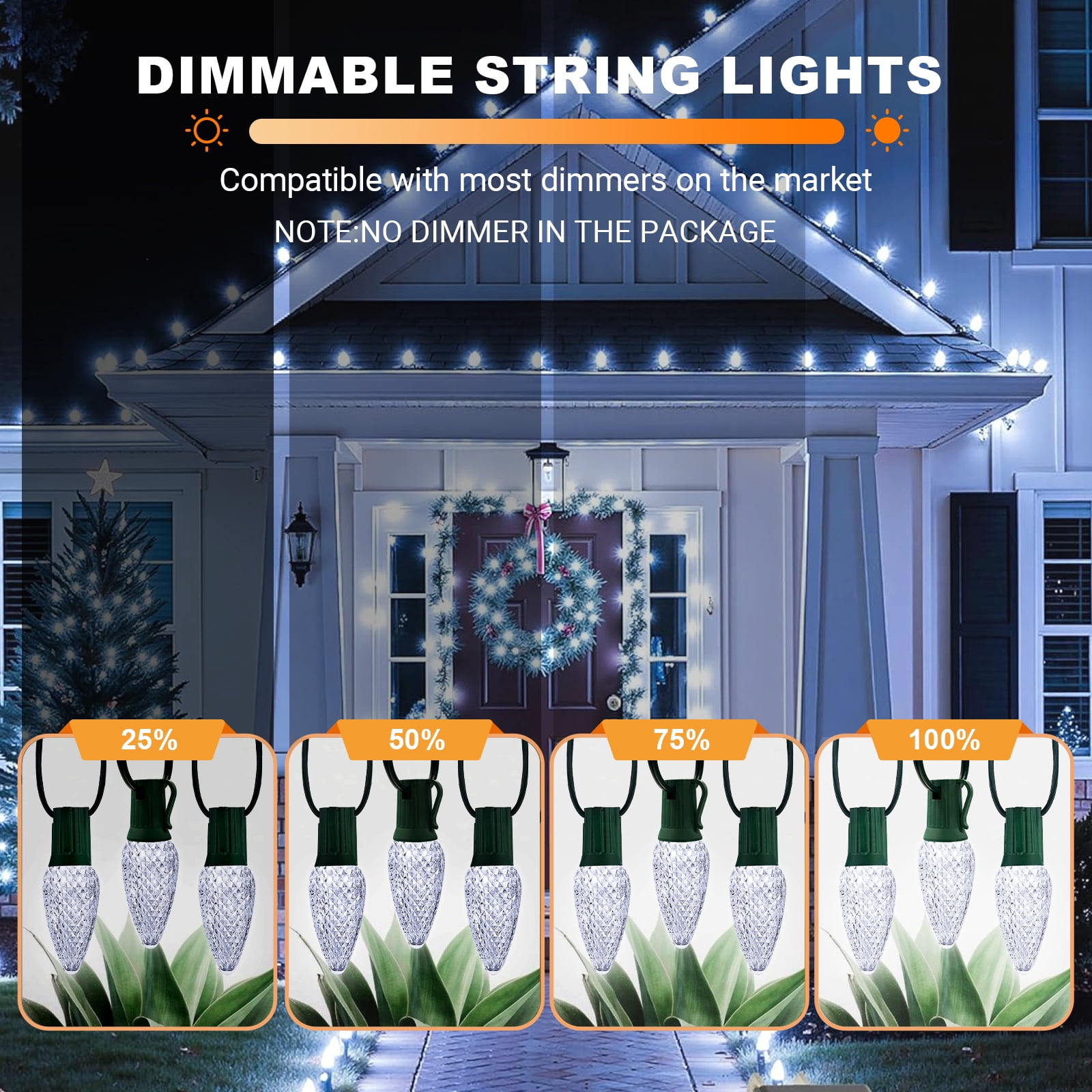 LAMPHOME White C9 Christmas String Light Outdoor, 25FT Shatterproof LED for House Rooflines & Pathways, Connectable Waterproof Vintage Christmas Light for Tree, Yard, Patio, Porch, Garden