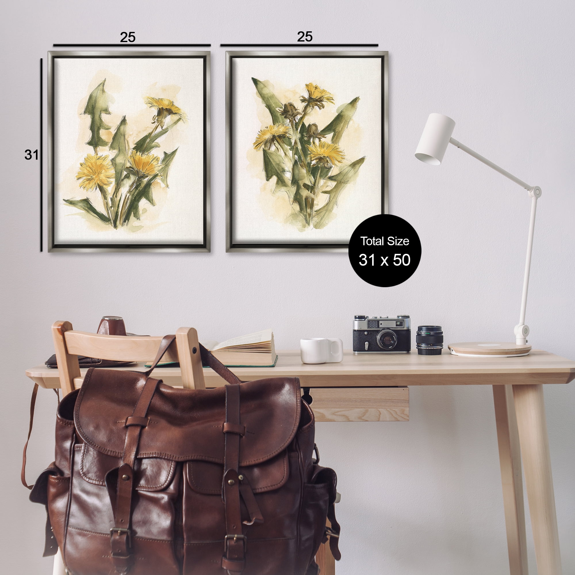 Stupell Industries Dandelion Watercolor Sketch Plants & Flowers Painting Gray Floater Framed Canvas Art Print Wall Art, 31 x 25, Set of 2