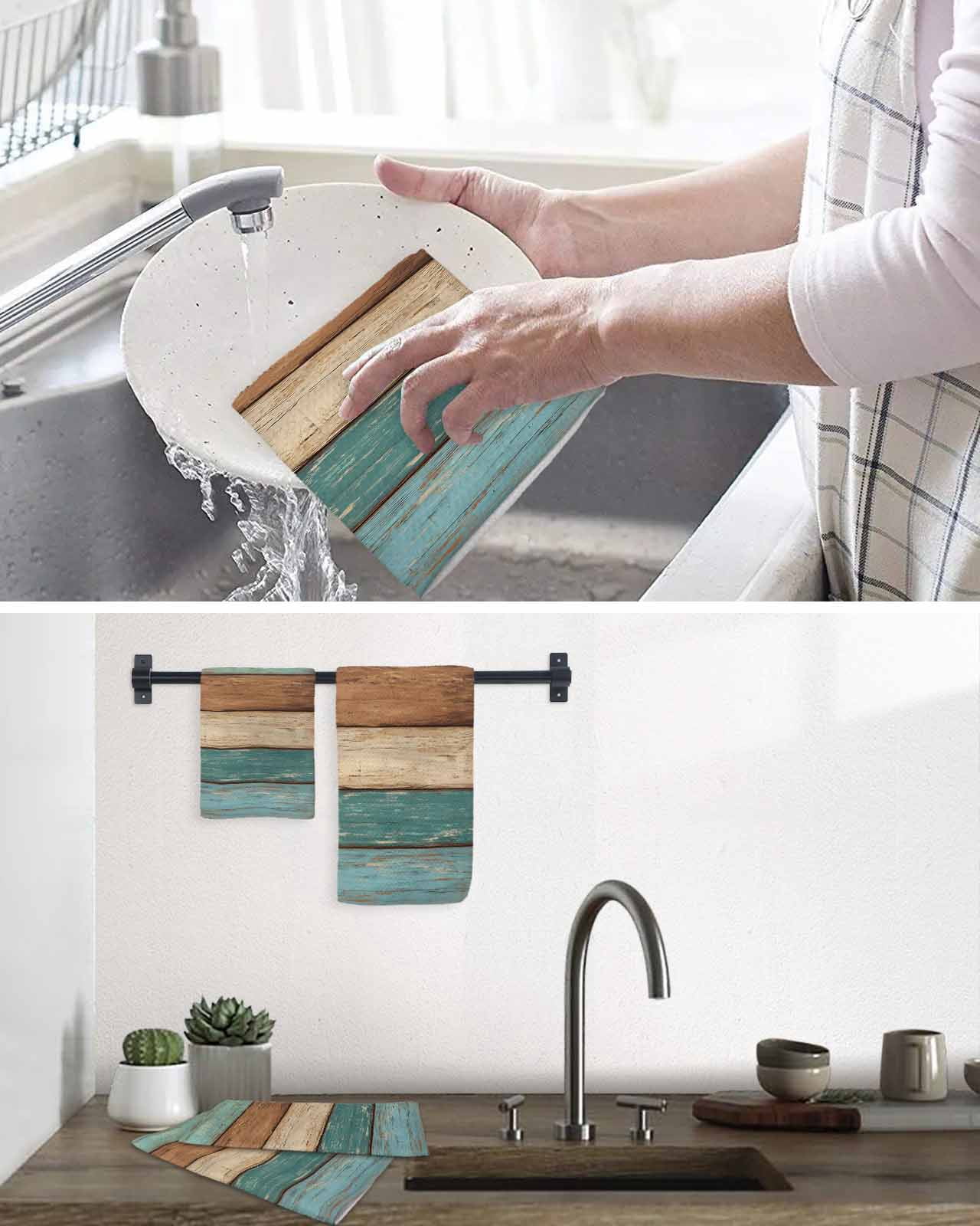 Farmhouse Teal Brown Hand Towels Set, Waffle Weave Kitchen Towels 2 Pieces, Vintage Retro Wooden Microfiber Hair Face Bath Tea Towel Absorbent Quick Drying Cleaning Dish Cloths 15.7"x23.6"