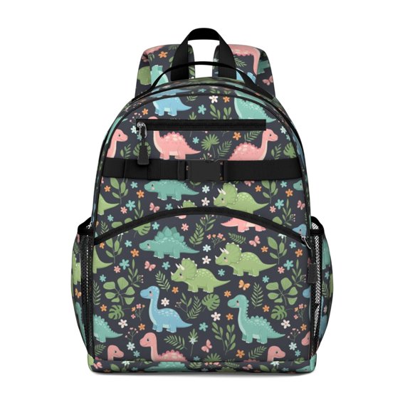 Dinosaur and Foliage Dark Blue Pattern Cute School Backpack Bag for School with Padded Back and Adjustable Shoulder Straps 15.25"x11.5"x5.25"