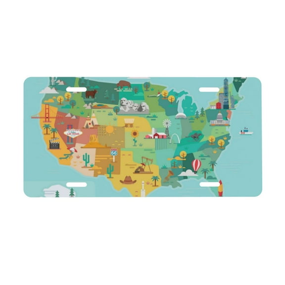 Zufioo USA Tourist Map Print Car Aluminum Front License Plate, 12x6 Inch Decorative Personalized Car License Plate Car Accessories