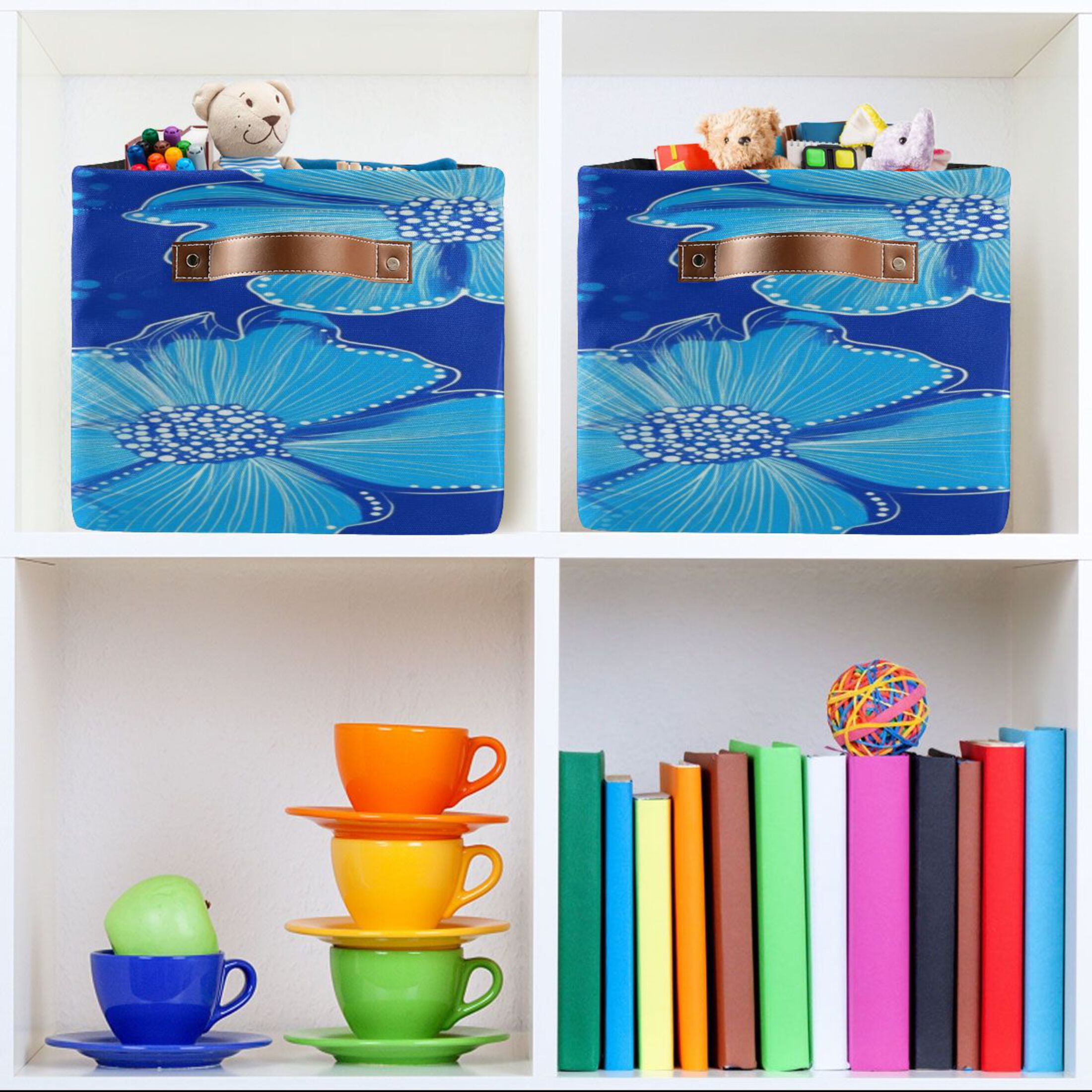 Blue Flowers Small Dot Design Foldable Storage Basket,Canvas Fabric Foldable Storage Bins with Handles Open Home Storage Bins Boxes for Toy Book Shelf Closet Baskets