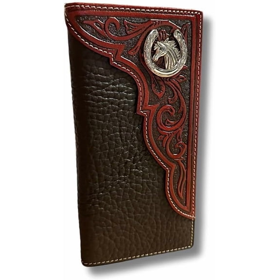 Mens Long Wallet Brown Coffee Leather Soft Leather Checkbook Style Cowboy High end Mens Wallets Leather Horseshoe Concho Tooled Wallet