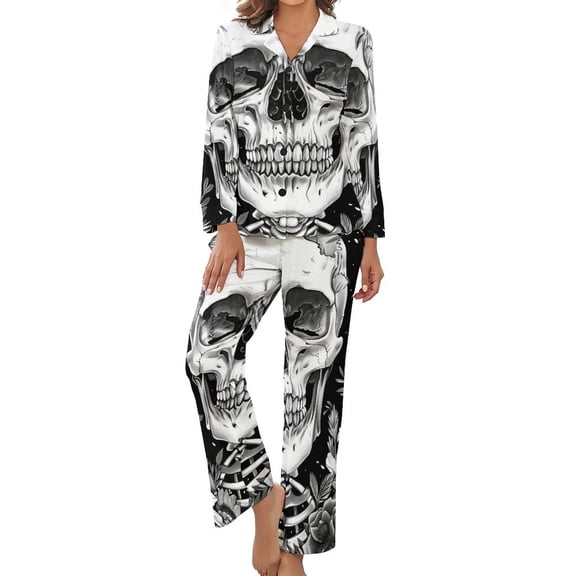 PoBuds Women's Long Sleeve Flannel Pajama Set Sleepwear Skull Flowers Illustration S