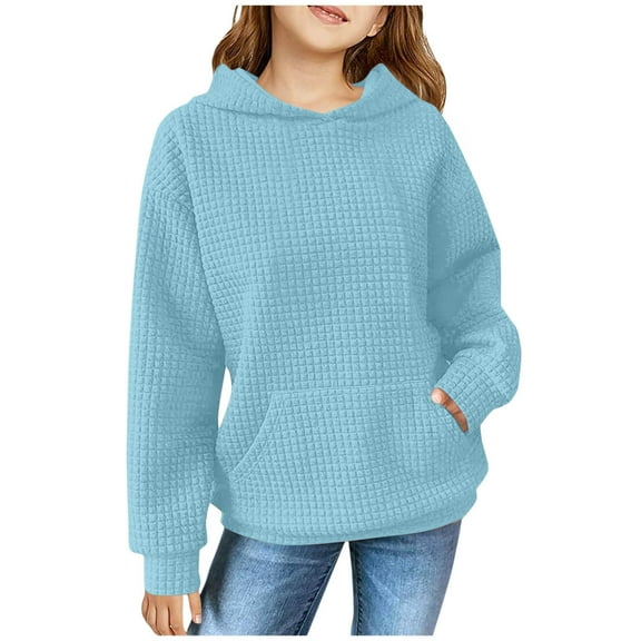 Luxalzxs Waffle Knit Hoodies for Teen Girls Solid Color Long Sleeve Hooded Sweaters Classic Casual Sweatshirt Pullover Tops 5-14 Years