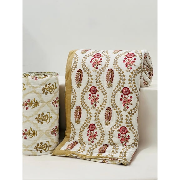 Handmade Cotton Quilt | Soft Quilted Blanket | Block Print Bed Cover | Cottagecore Bedding | Sustainable Home Décor(HBQURQ1019)