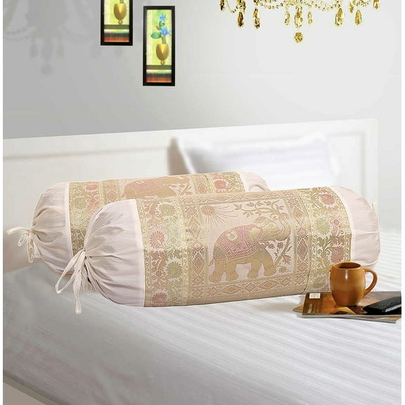 Stylo Culture Traditional Polydupion Cylindrical Hotdog Pillow Bolster Pillow Covers White Jacquard Brocade Border Elephant Large Settee Cylinder Cushion Covers (Set of 2) | 30x15 Inches (76x38 cm)