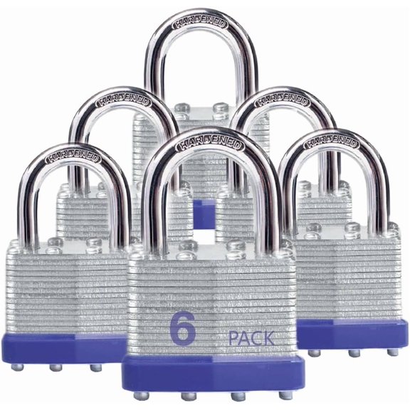 Keyed Alike Laminated Steel Padlocks, Standard Shackle, for Hasp, Shed, Fence, Storage Locker, School, Gym (6 Pack)