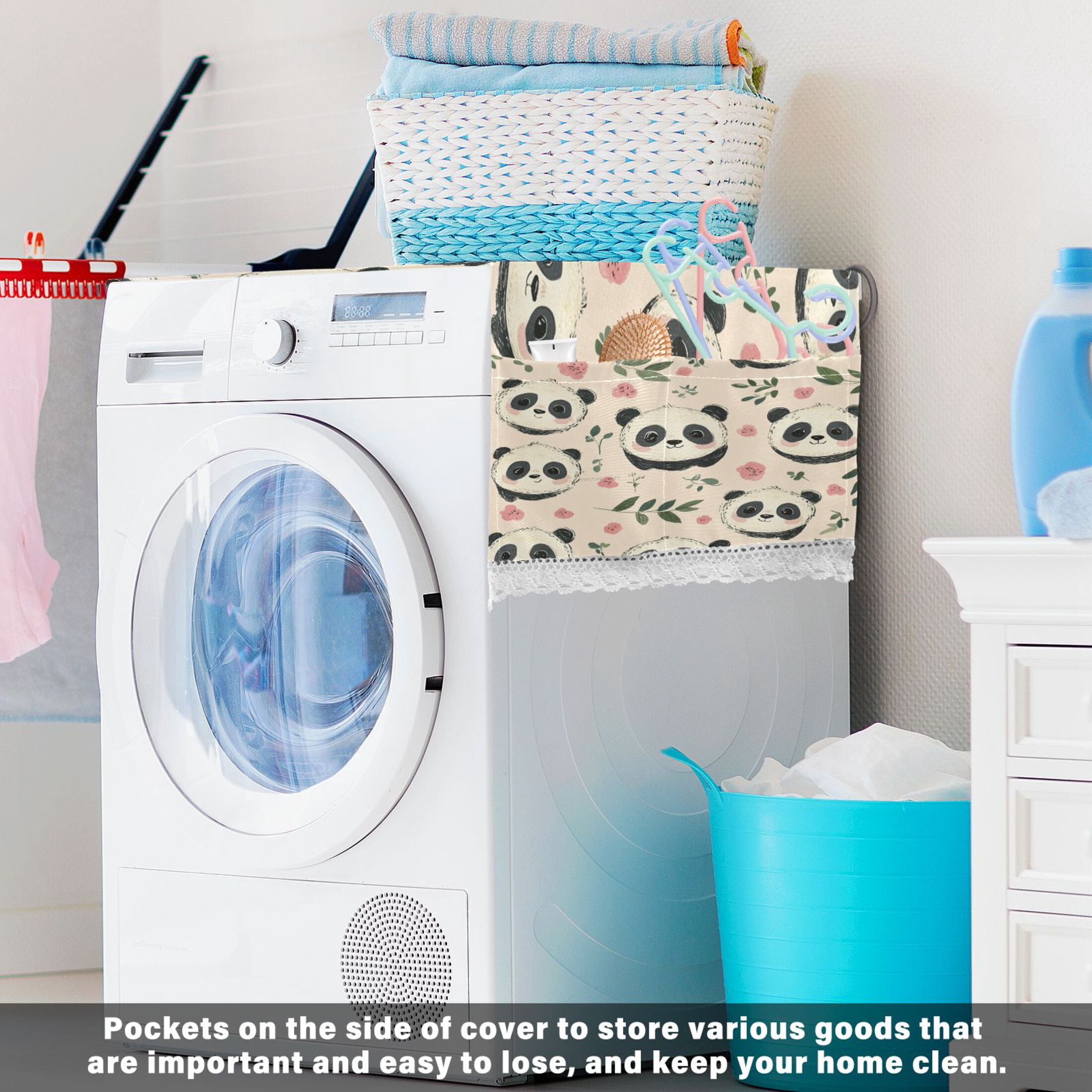 Cute Little PandaWasher and Dryer Covers Dust-Proof and Oil Resistant Fridge Cover with 4 Storage Pockets Washing Machine Top Cover for Laundry Kitchen Home 51.2 x 22 In