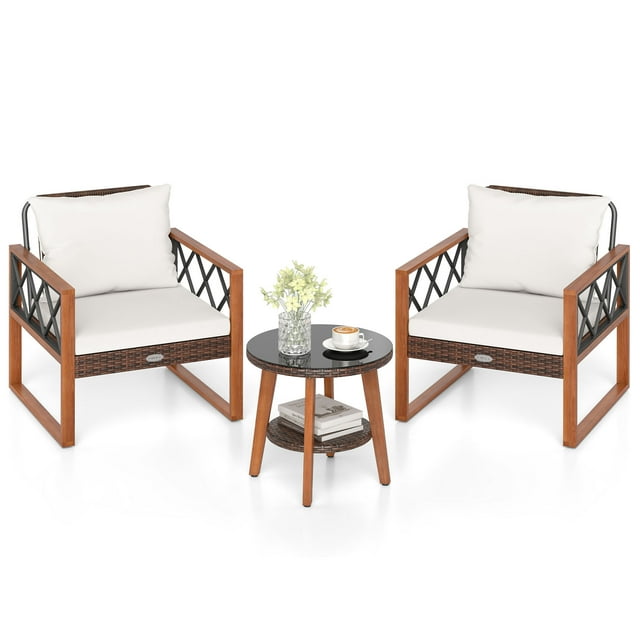 Gymax 3 Pieces PE Wicker Patio Set w/Solid Acacia Wood Frame & Soft Cushions