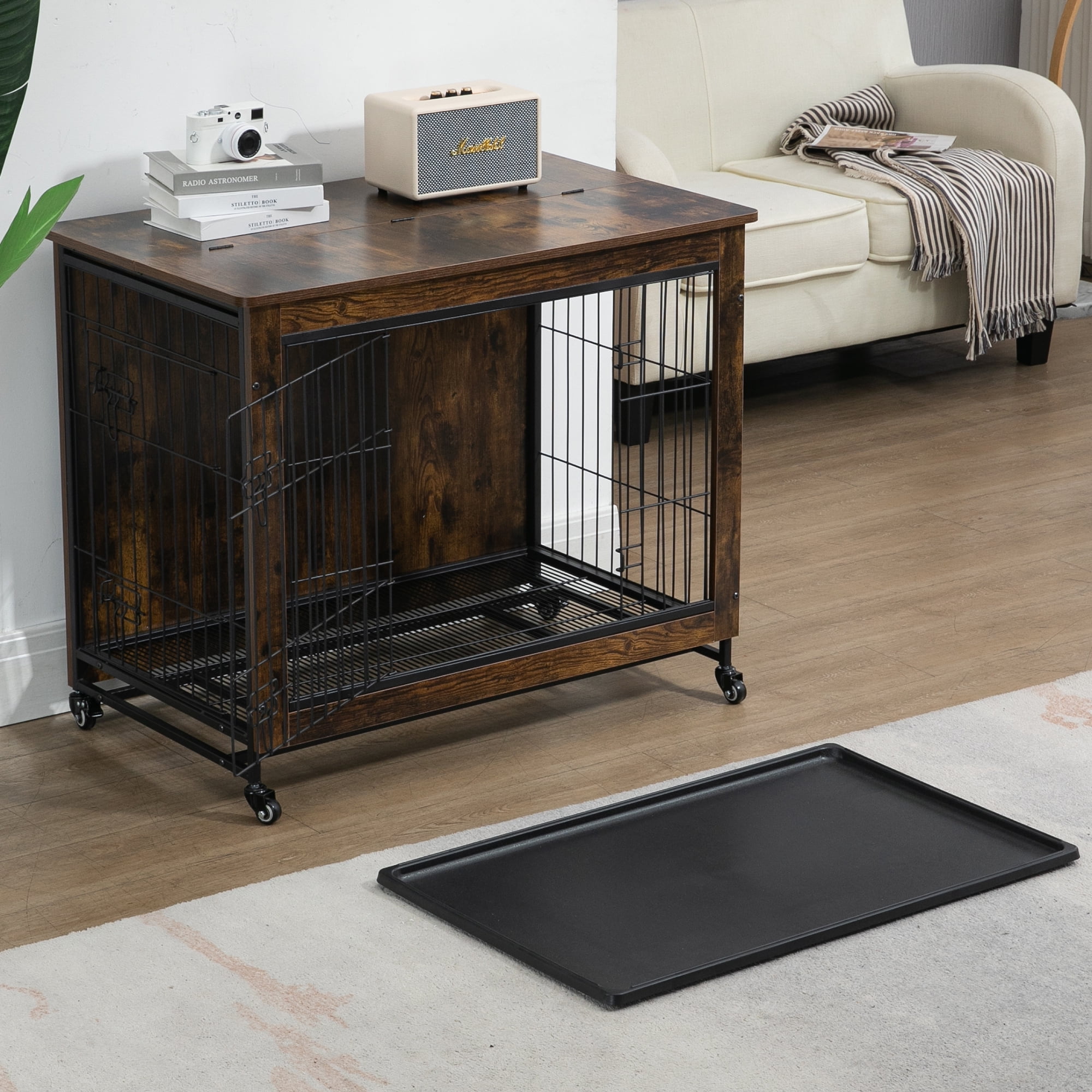 Pefilos 38.3"L Wood Dog Crate Furniture with Cushion, Double-Doors Dog Cag for Indoor, Dog House, Dog Kennel for Small Dogs, Brown Pefilos 38.3"L Wood Dog Crate Furniture with Cushion, Double-Doors Dog Cag for Indoor, Dog House, Dog Kennel for Small Dogs, Brown